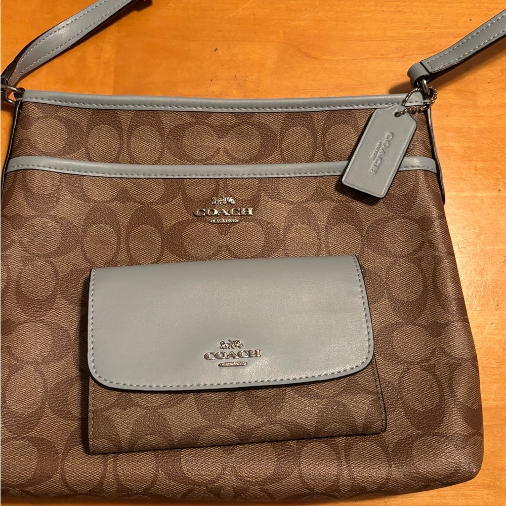 Coach Signature Brown and Blue Crossbody Bag with wallet